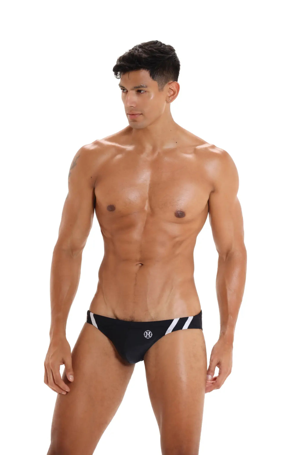 Black Marcuse Panache bikini swimwear trunks with white diagonal stripes and small waistband logo for swimming