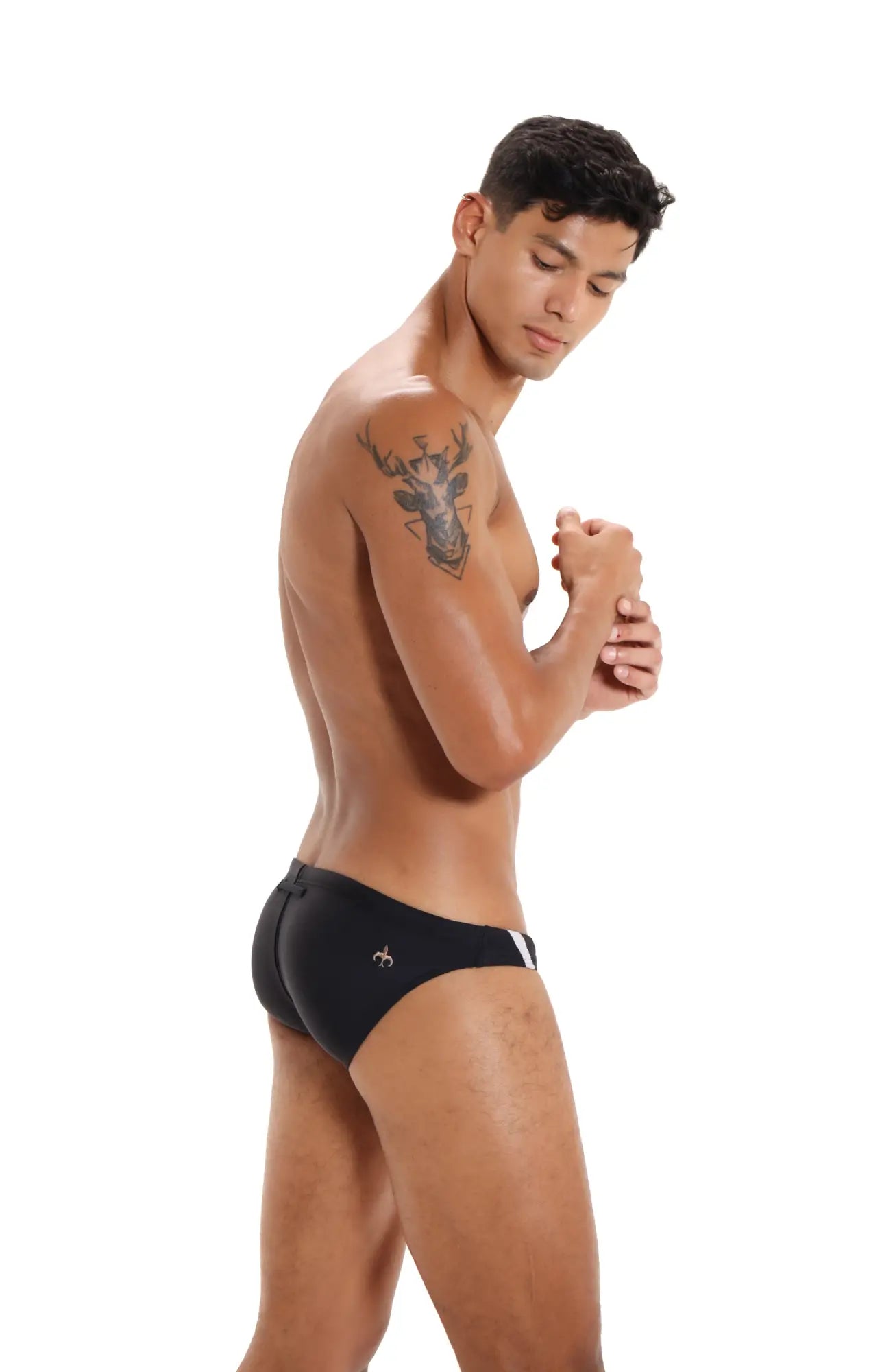 Black marcuse panache bikini swimwear briefs with a small white logo on the side for swim and beach use