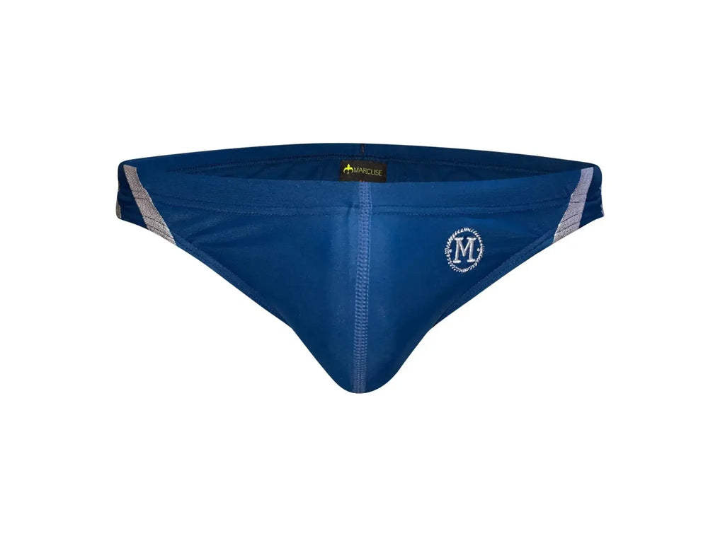 Blue marcuse panache bikini swimwear men’s swim trunks with silver and white striped side panels and circular logo front