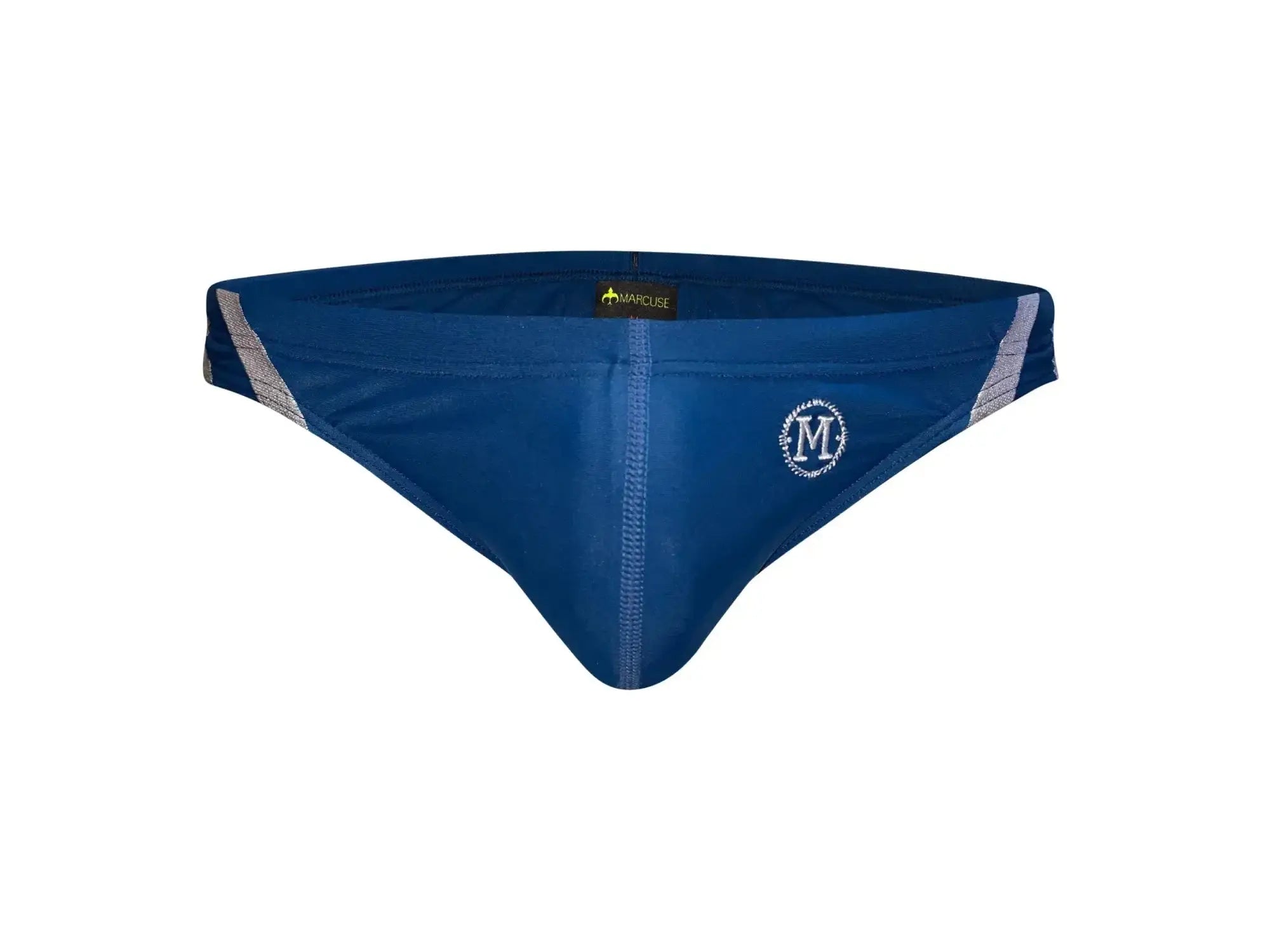 Blue marcuse panache bikini swimwear men’s swim trunks with silver and white striped side panels and circular logo front