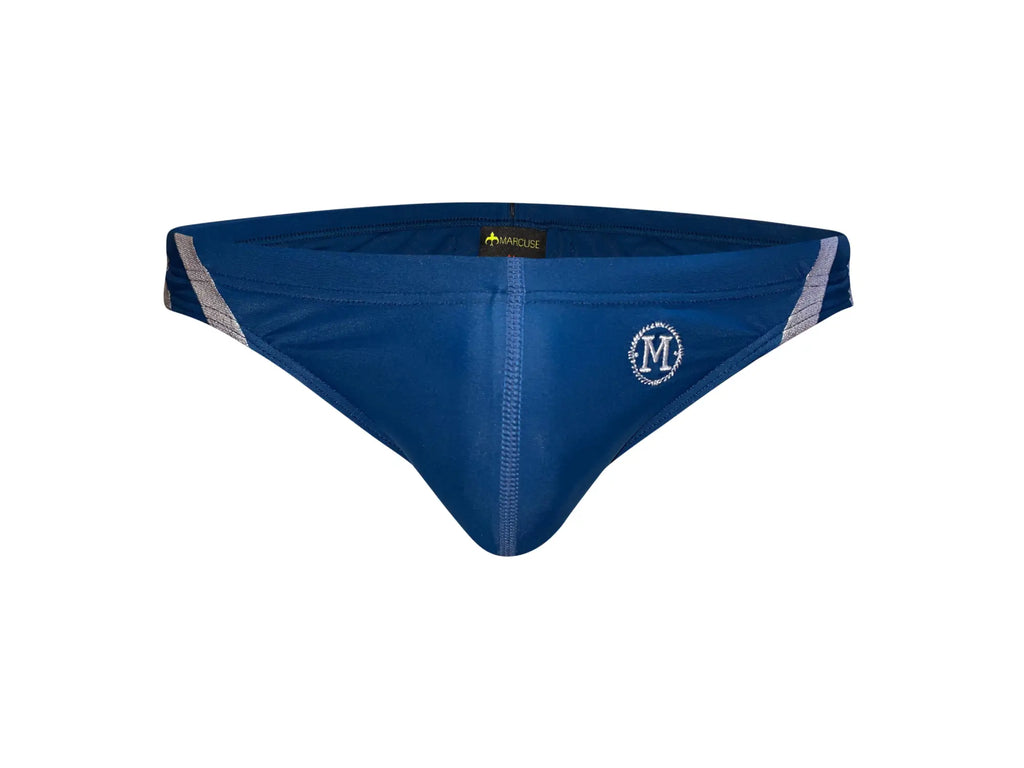 Blue marcuse panache bikini swimwear men’s swim trunks with silver and white striped side panels and circular logo front