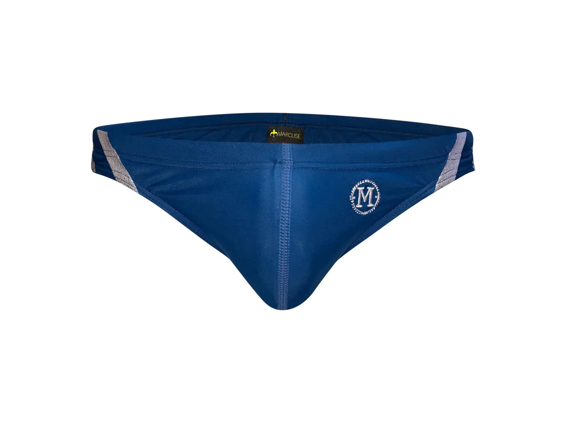 Blue marcuse panache bikini swimwear men’s swim trunks with silver and white striped side panels and circular logo front