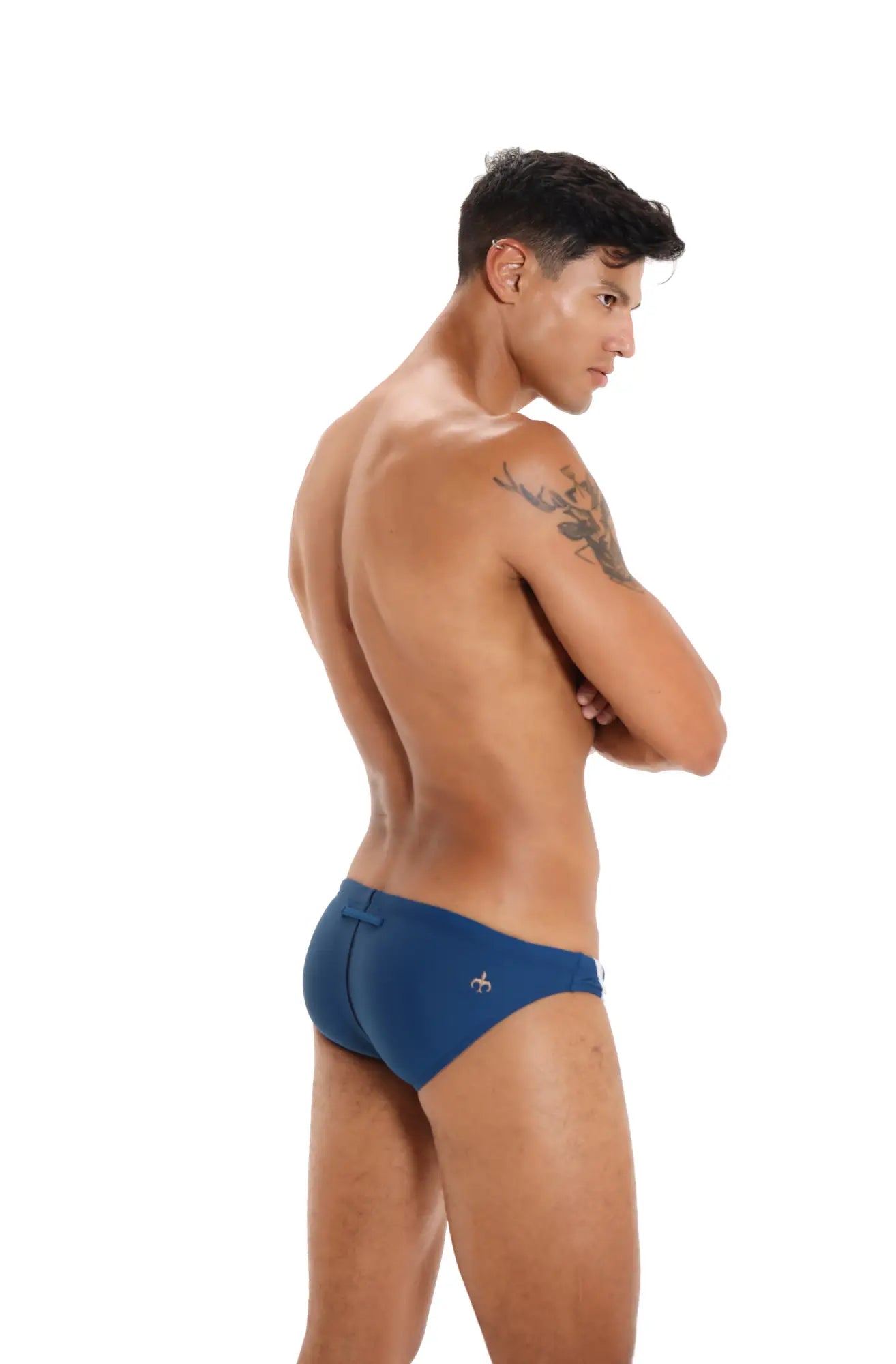 Blue marcuse panache bikini swimwear swim trunks with a small logo on the side for beach and pool use