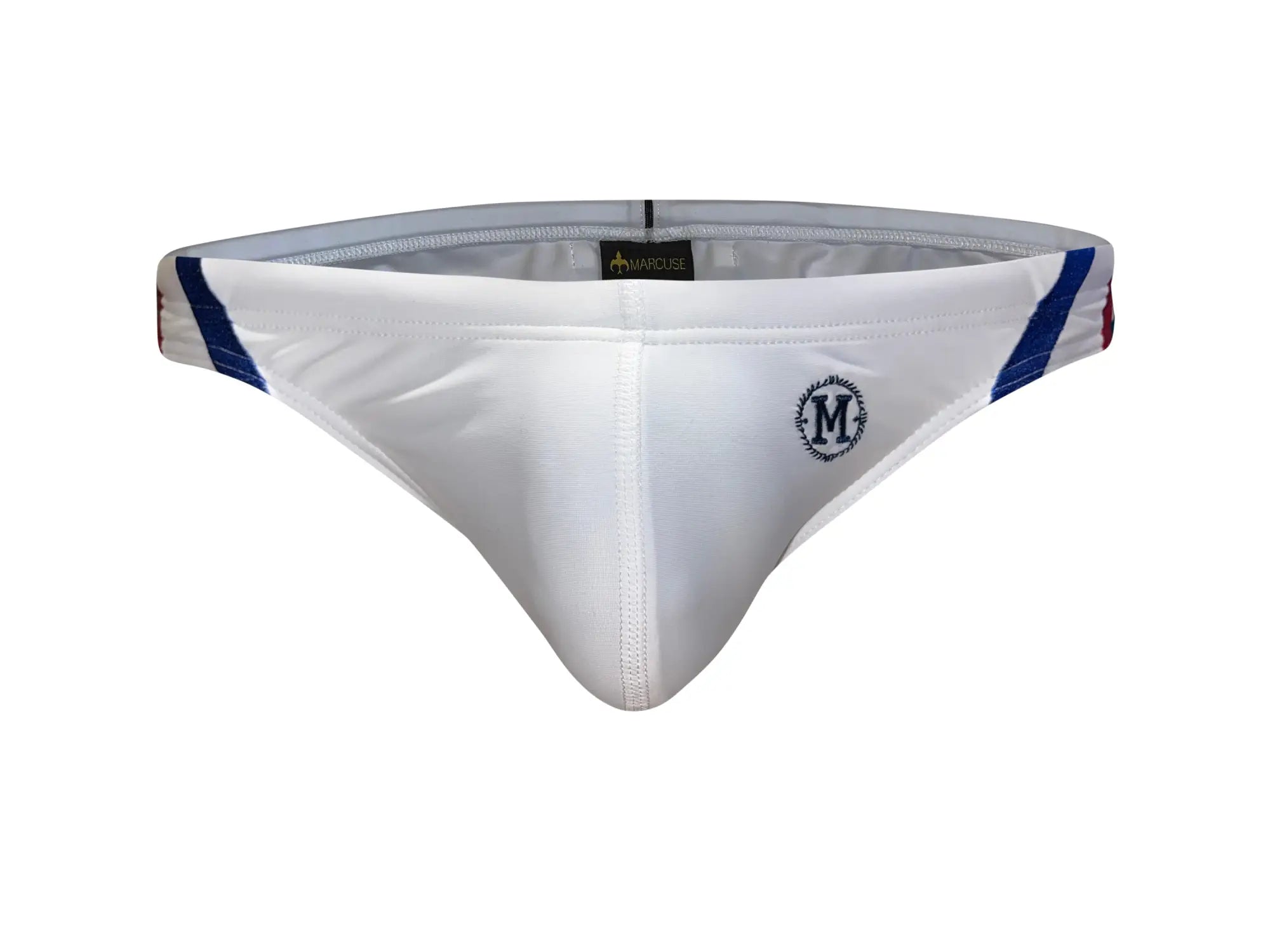 White men’s Marcuse Panache bikini swimwear trunks with blue and red side stripes and a black embroidered m logo