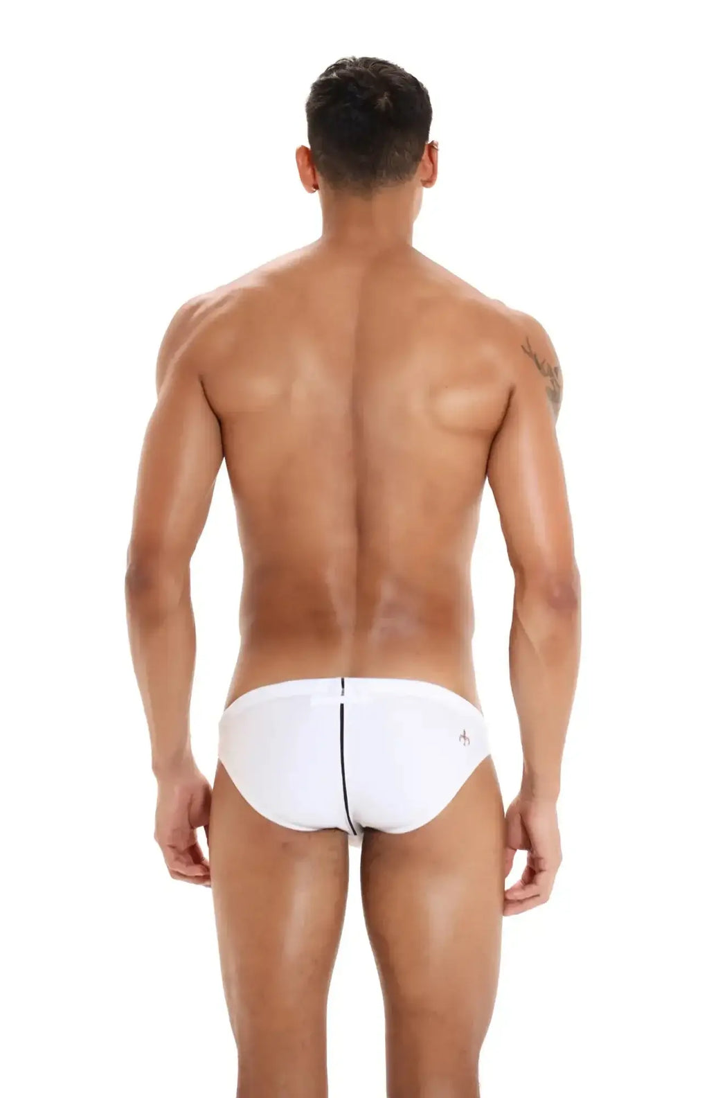 White swim trunks by marcuse panache with a black central seam and small logo on the lower right side