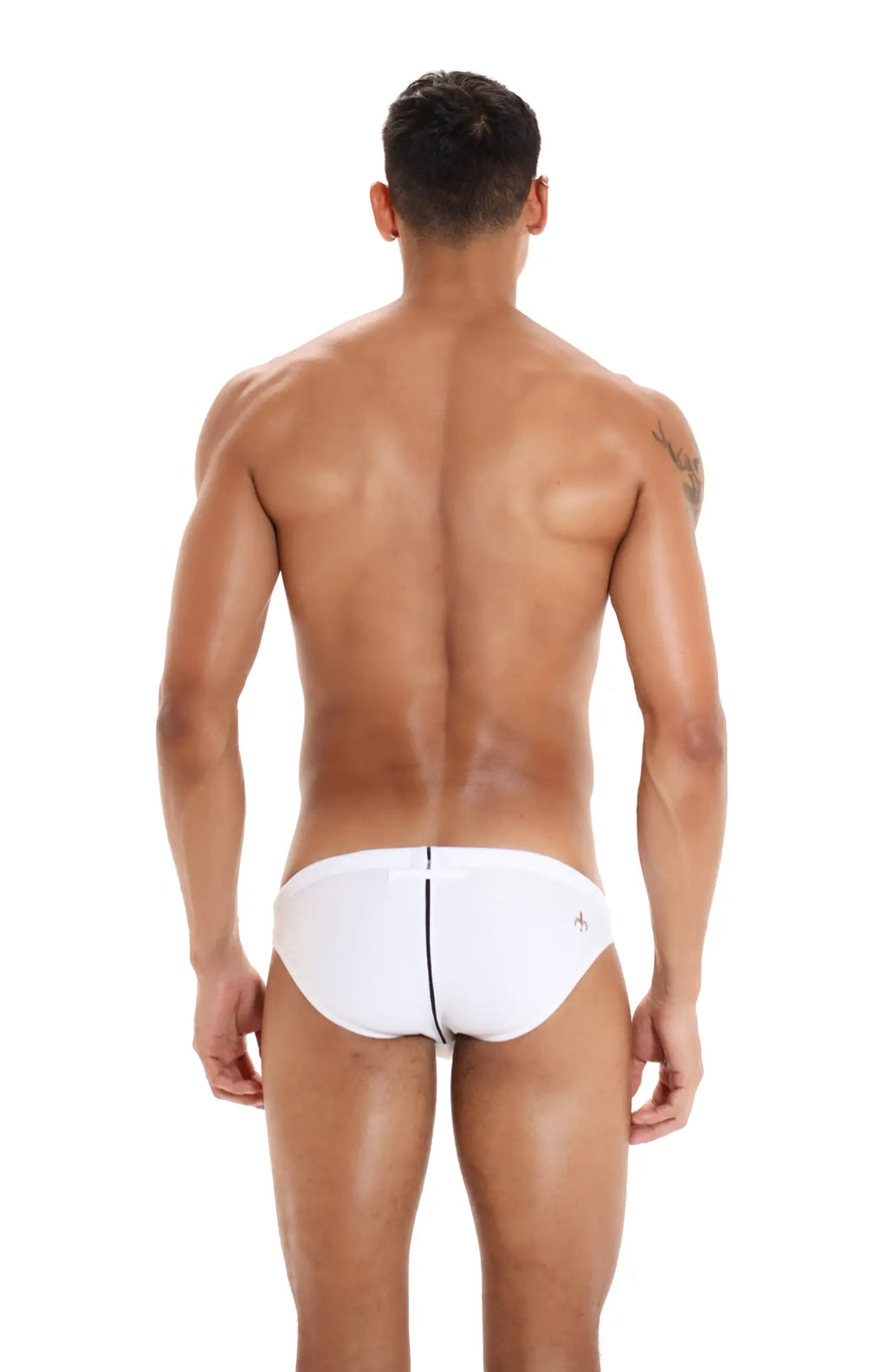 White swim trunks by marcuse panache with a black central seam and small logo on the lower right side