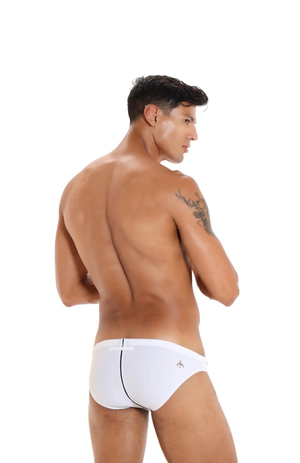 White marcuse panache bikini swimwear swim trunks with black side seam and small hip logo