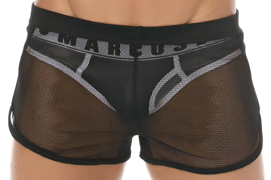 Black mesh marcuse panorama shorts featuring bold silver mareu logo on waistband for stylish breathable wear