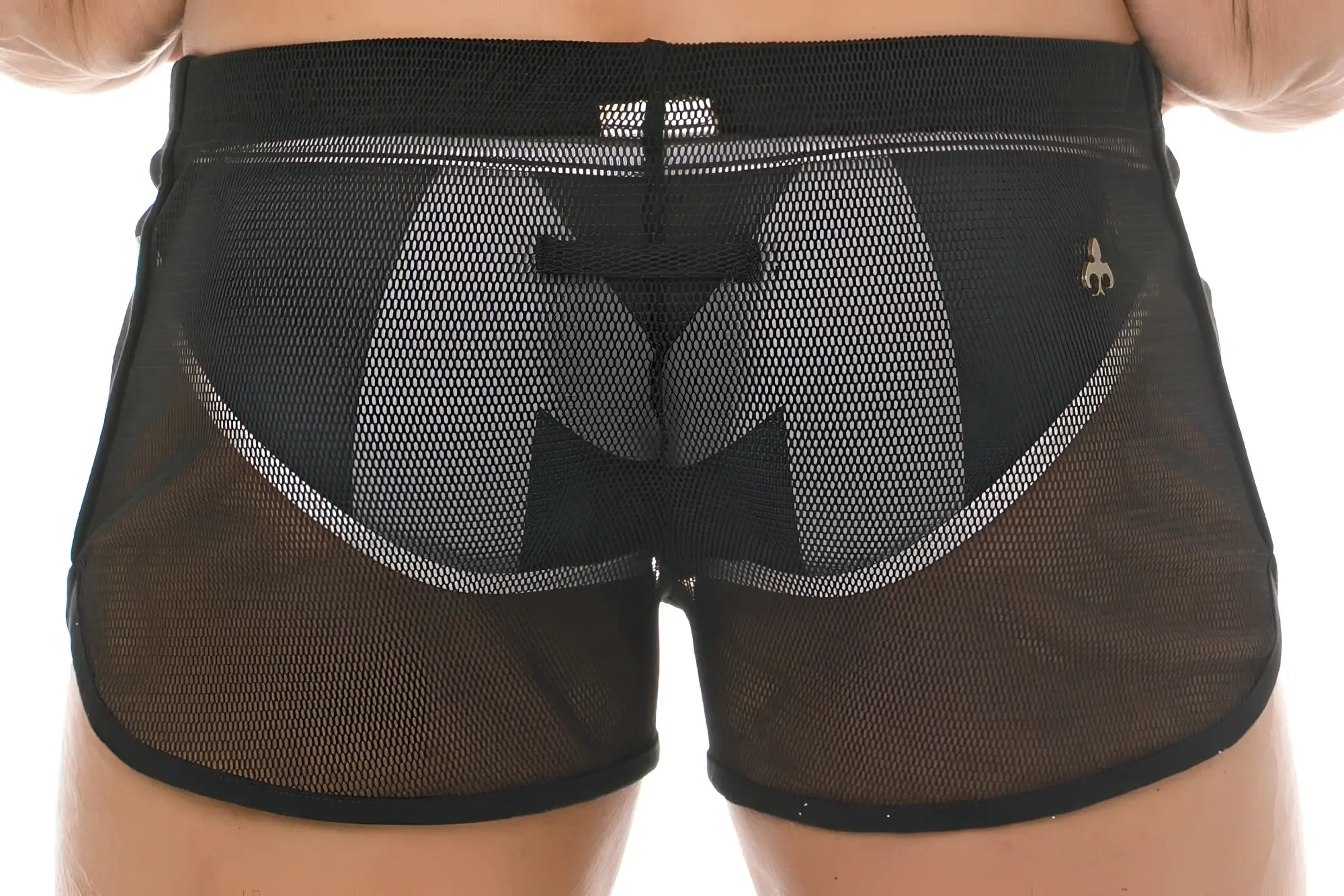 Marcuse panorama shorts black mesh with gray geometric pattern and black elastic waistband front view