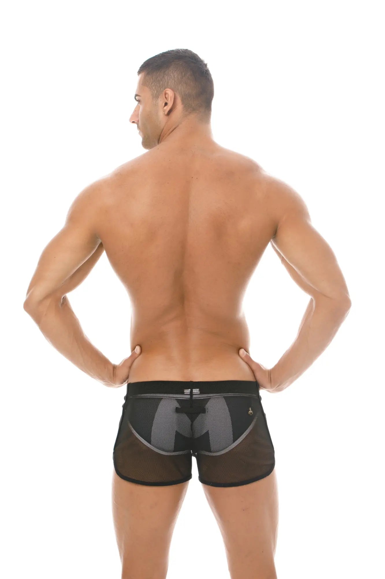 Back view of marcuse panorama shorts black mesh briefs with gray geometric pattern on the back