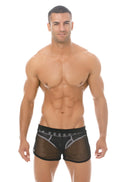 Black mesh marcuse panorama shorts briefs with gray logo trim showcasing breathable fabric and modern design