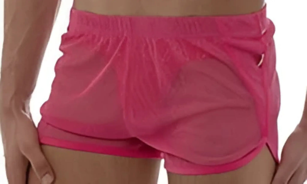 Fuchsia mesh marcuse panorama shorts with subtle pattern and elastic waistband for athletic use