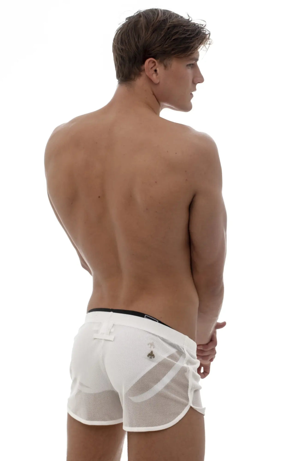 White mesh marcuse panorama shorts with black waistband and subtle logo detail designed for athletic use
