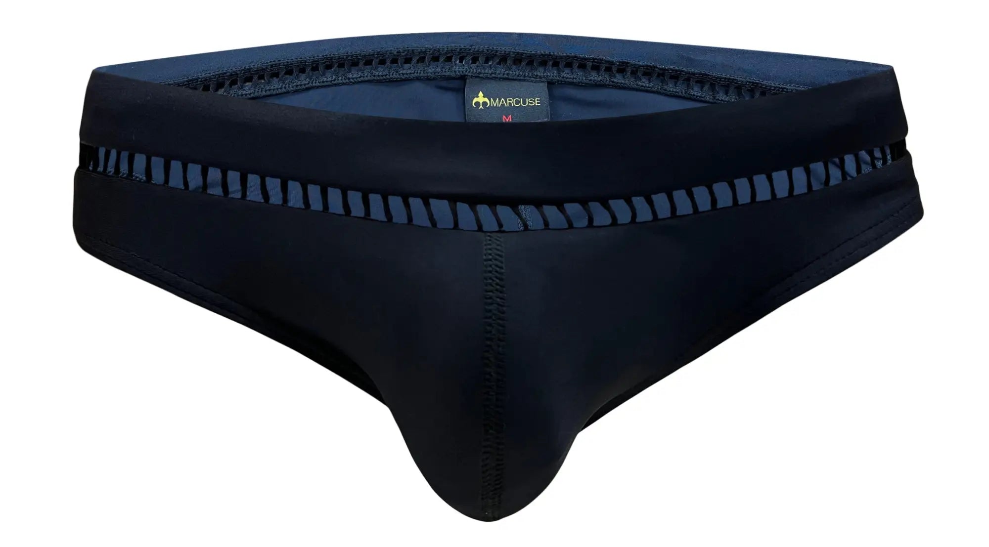 Black Marcuse Paragon bikini swimwear men’s swim trunks with mesh panel and elastic waistband for comfortable fit