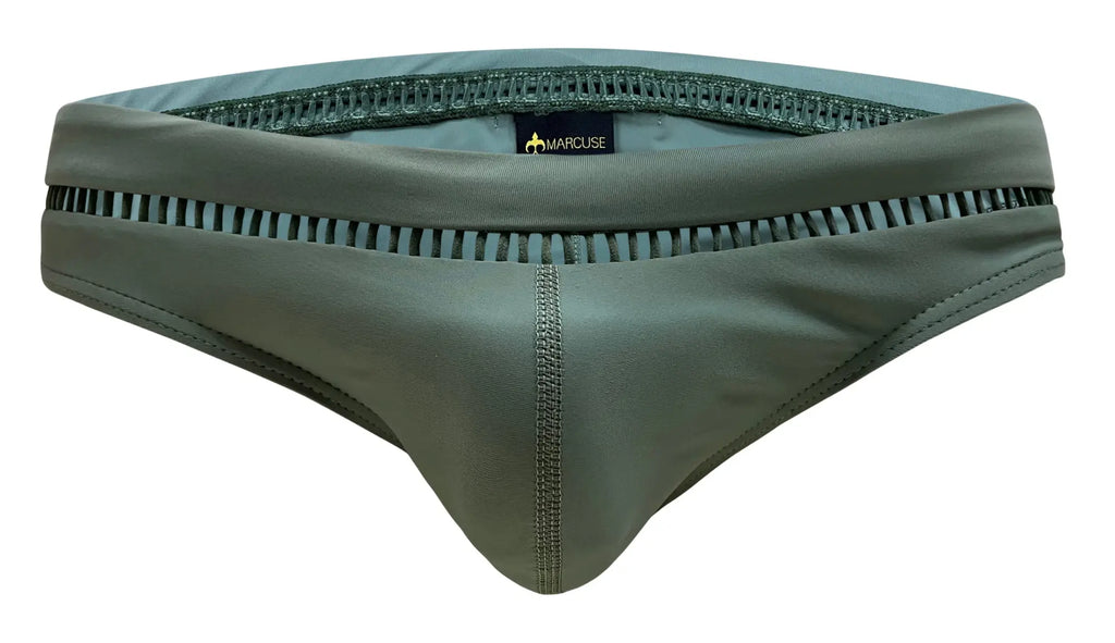 Olive green marcuse paragon bikini swimwear trunks with zipper detail along the waistband front view