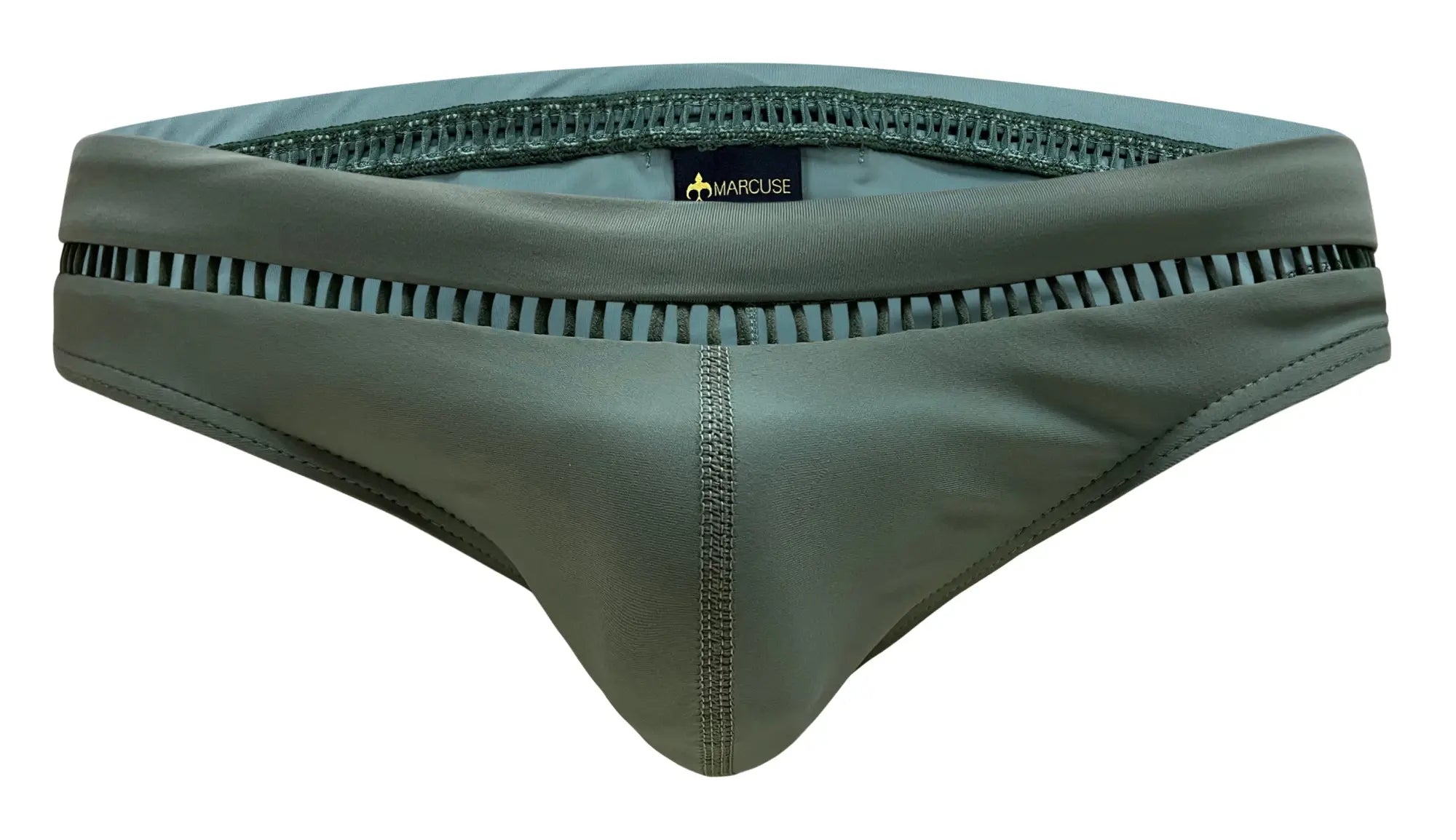 Olive green marcuse paragon bikini swimwear trunks with zipper detail along the waistband front view