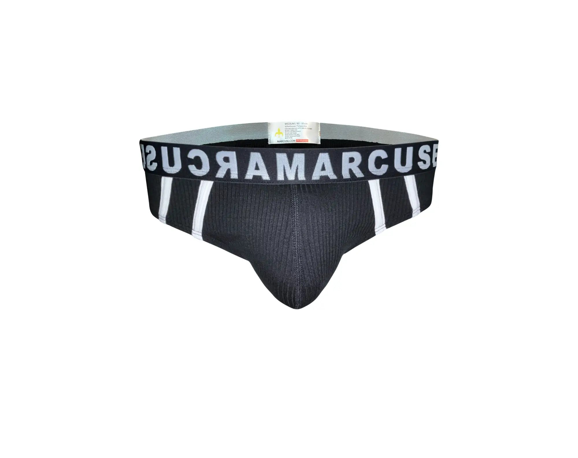 Black marcuse passant brief underwear with white lettering and vertical stripes made from comfortable fabric