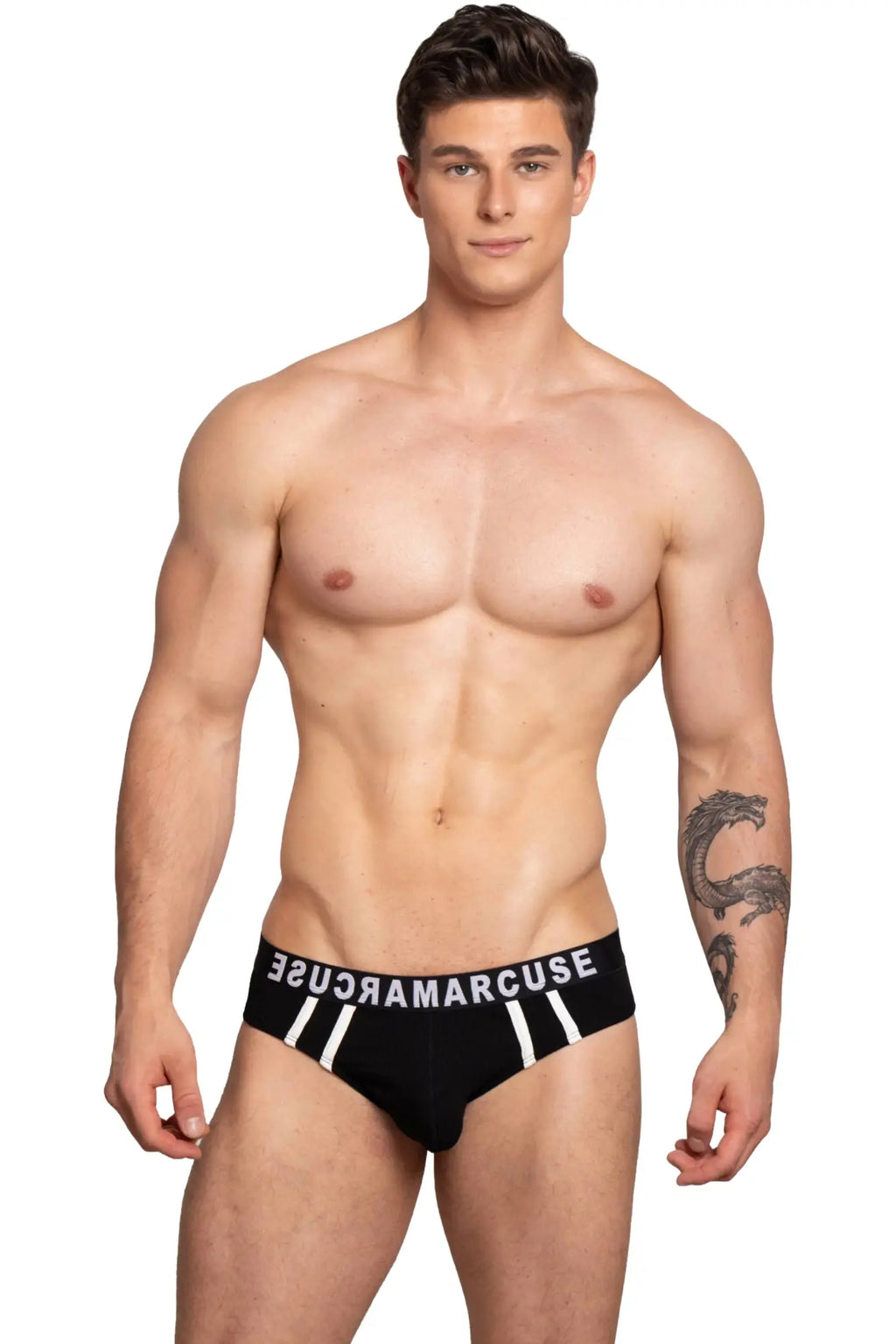 Marcuse Passant brief underwear in black with white lettering and two vertical stripes on the waistband