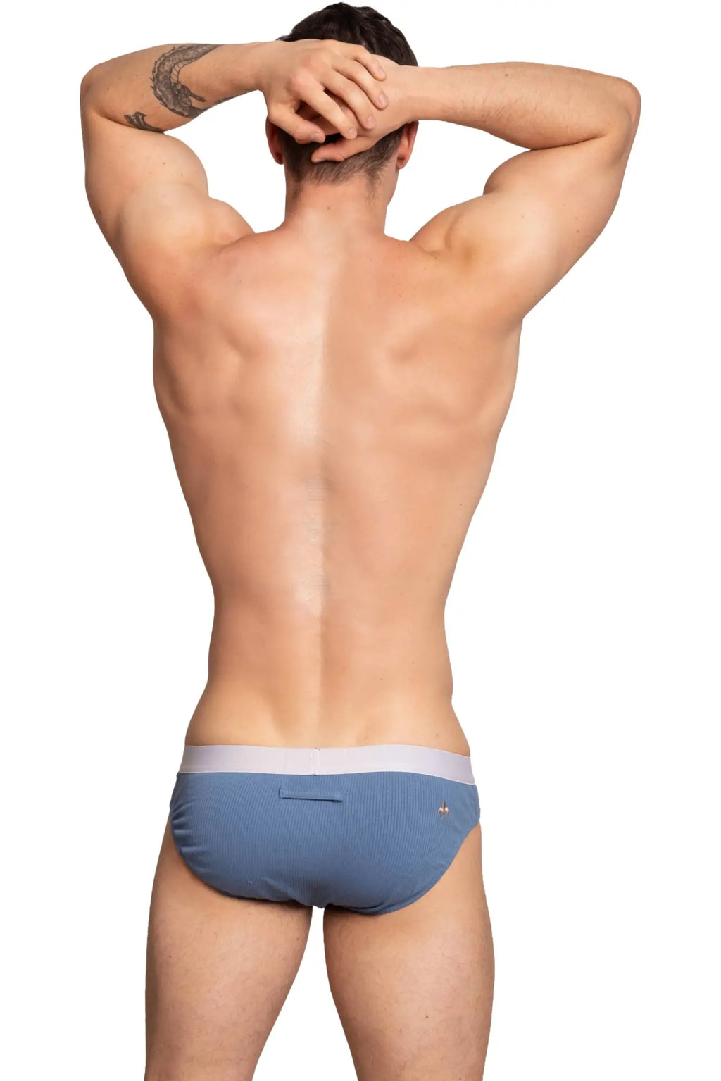 Marcuse Passant brief underwear in blue ribbed fabric with a light gray waistband for comfortable wear