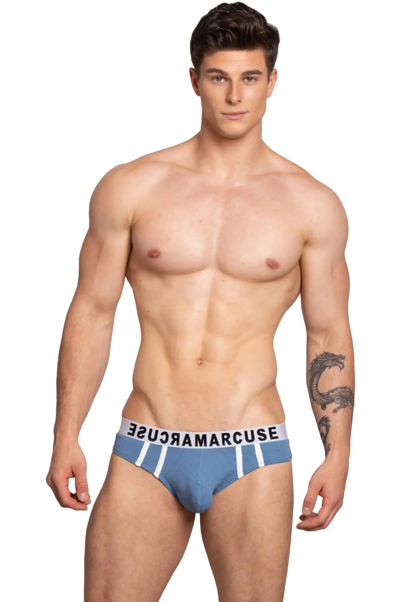 Blue ribbed briefs with white trim and marcuse branding on the waistband from the marcuse passant brief underwear line