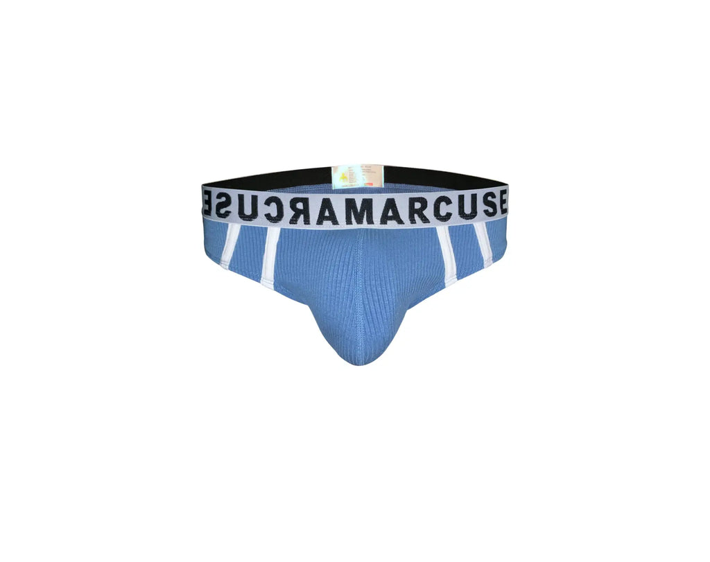 Marcuse passant brief underwear in blue textured fabric with white stripes and black elastic waistband with marcus branding