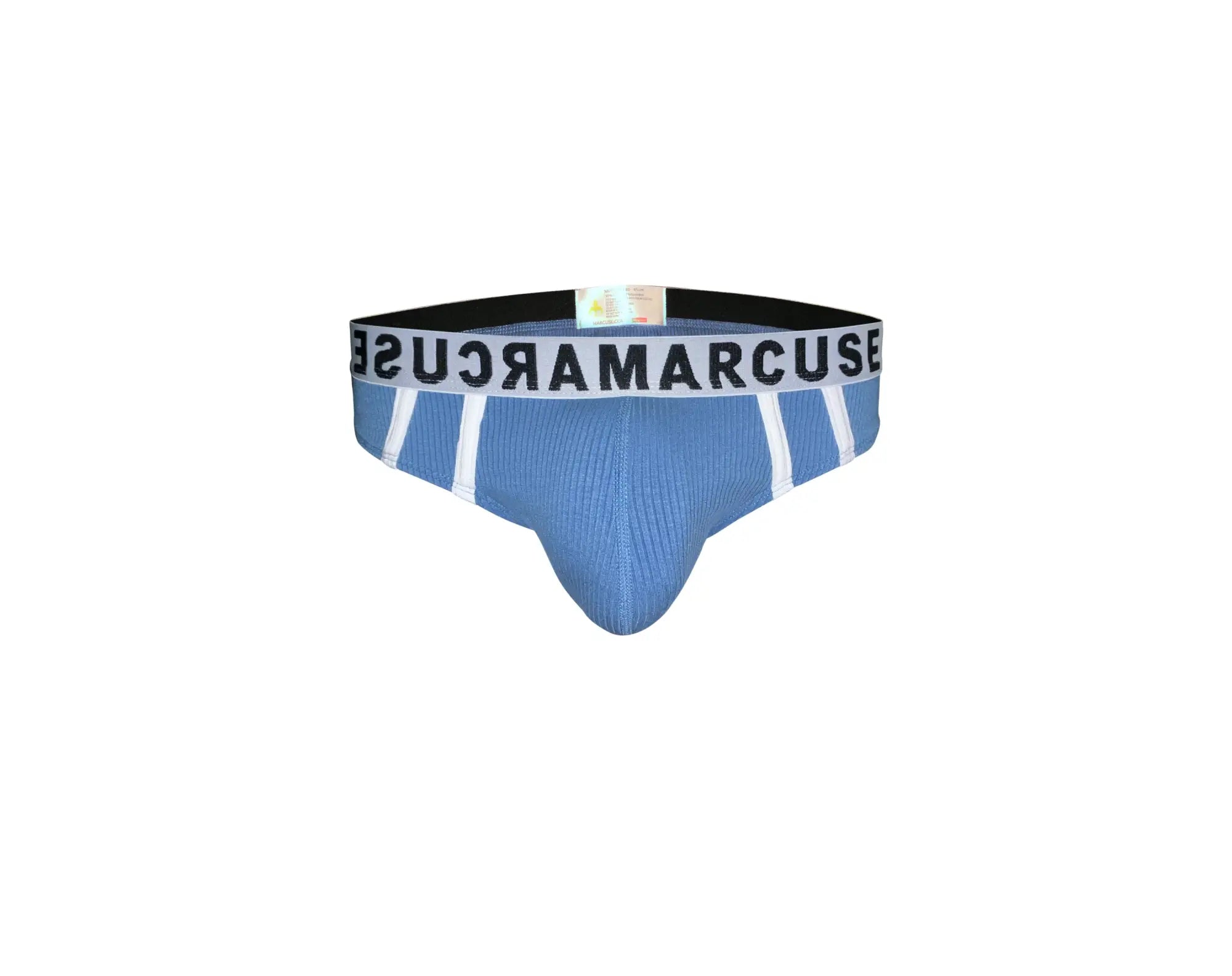 Marcuse passant brief underwear in blue textured fabric with white stripes and black elastic waistband with marcus branding