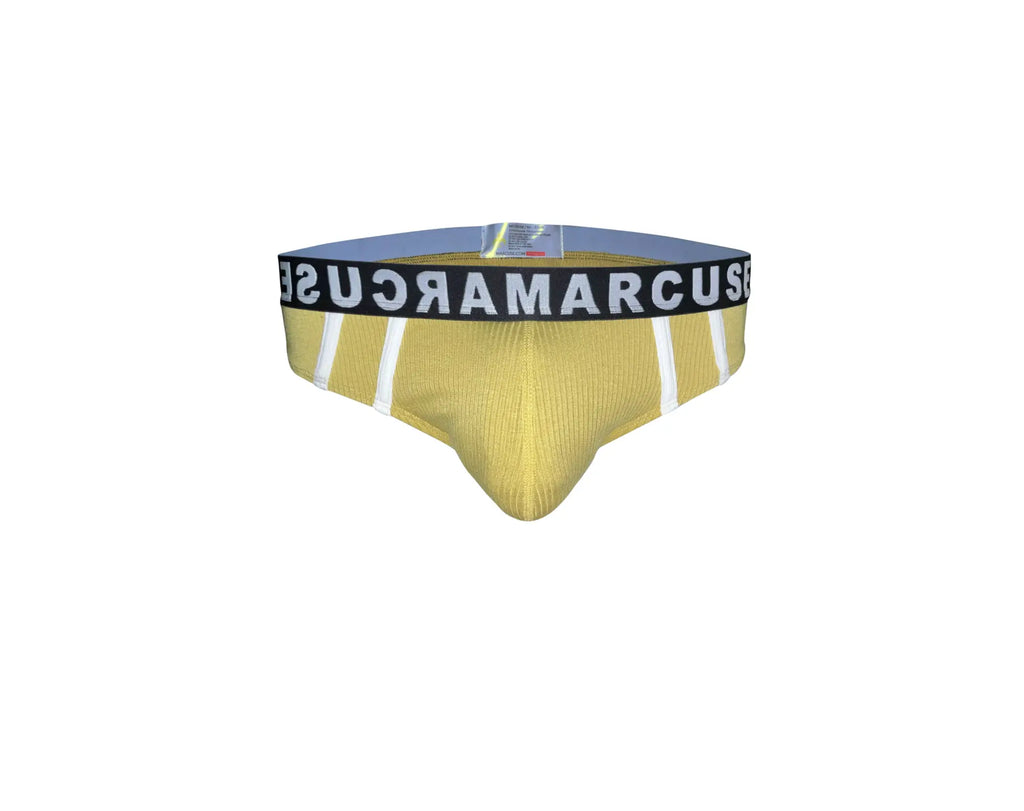 Marcuse Passant brief underwear in gold ribbed fabric with white stripes and black waistband with marcuse logo