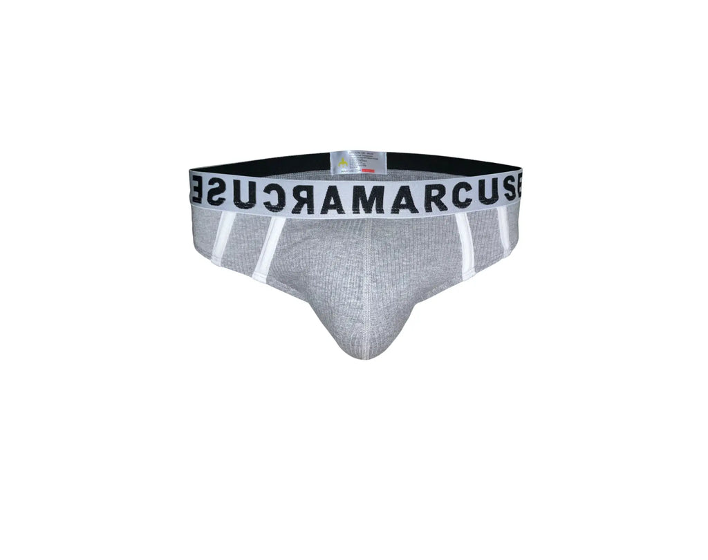Gray textured men’s briefs with black and white marcuse branded waistband for comfortable everyday wear