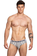 Gray marcuse passant brief underwear with white trim and marcuse logo printed on the waistband