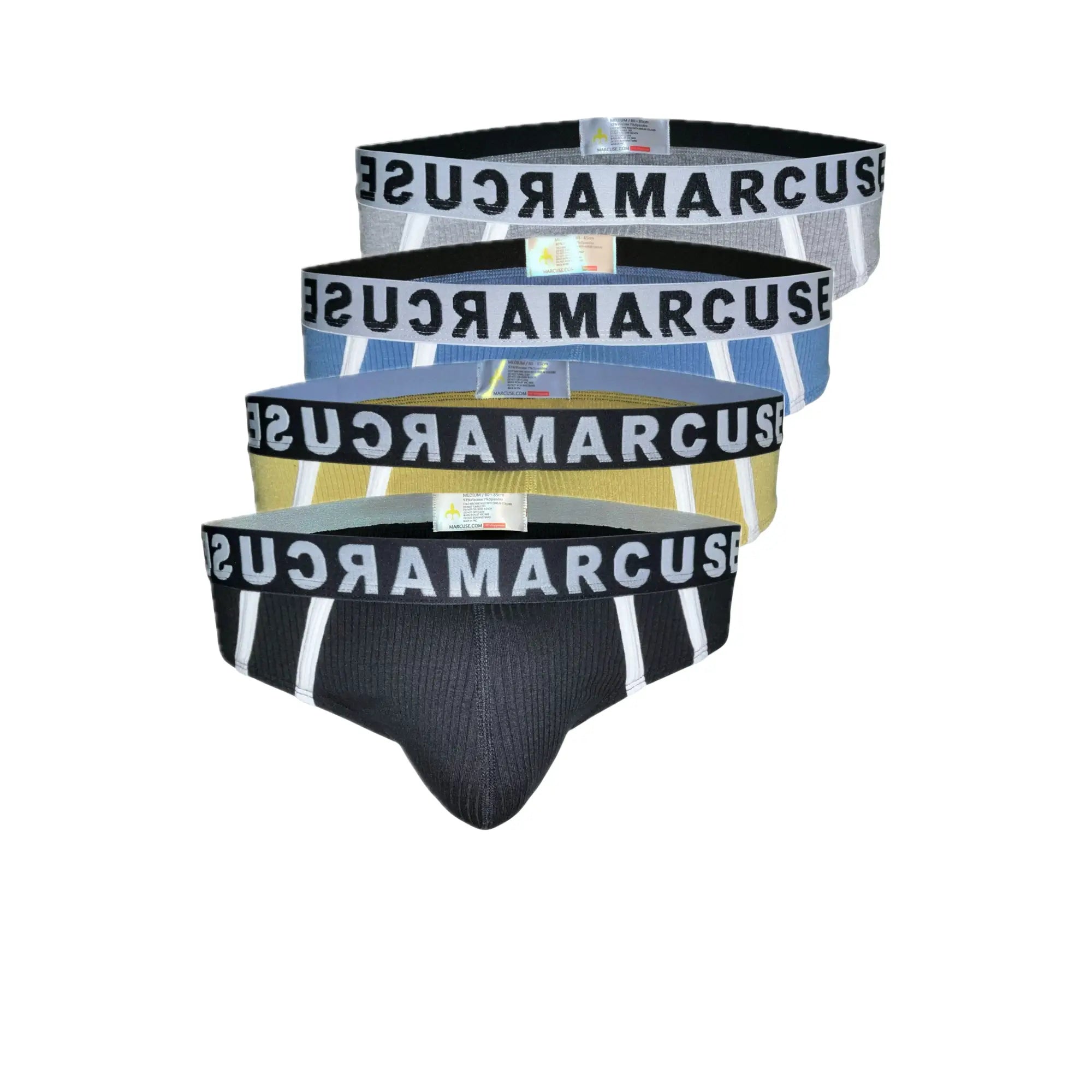 Set of four marcuse passant brief underwear in black blue yellow and gray with contrasting stripes and bold waistband