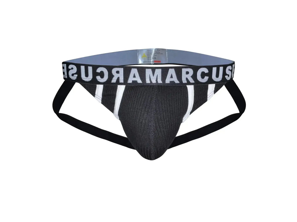 Black and white striped ribbed athletic briefs with marcus waistband from marcuse passant jock underwear