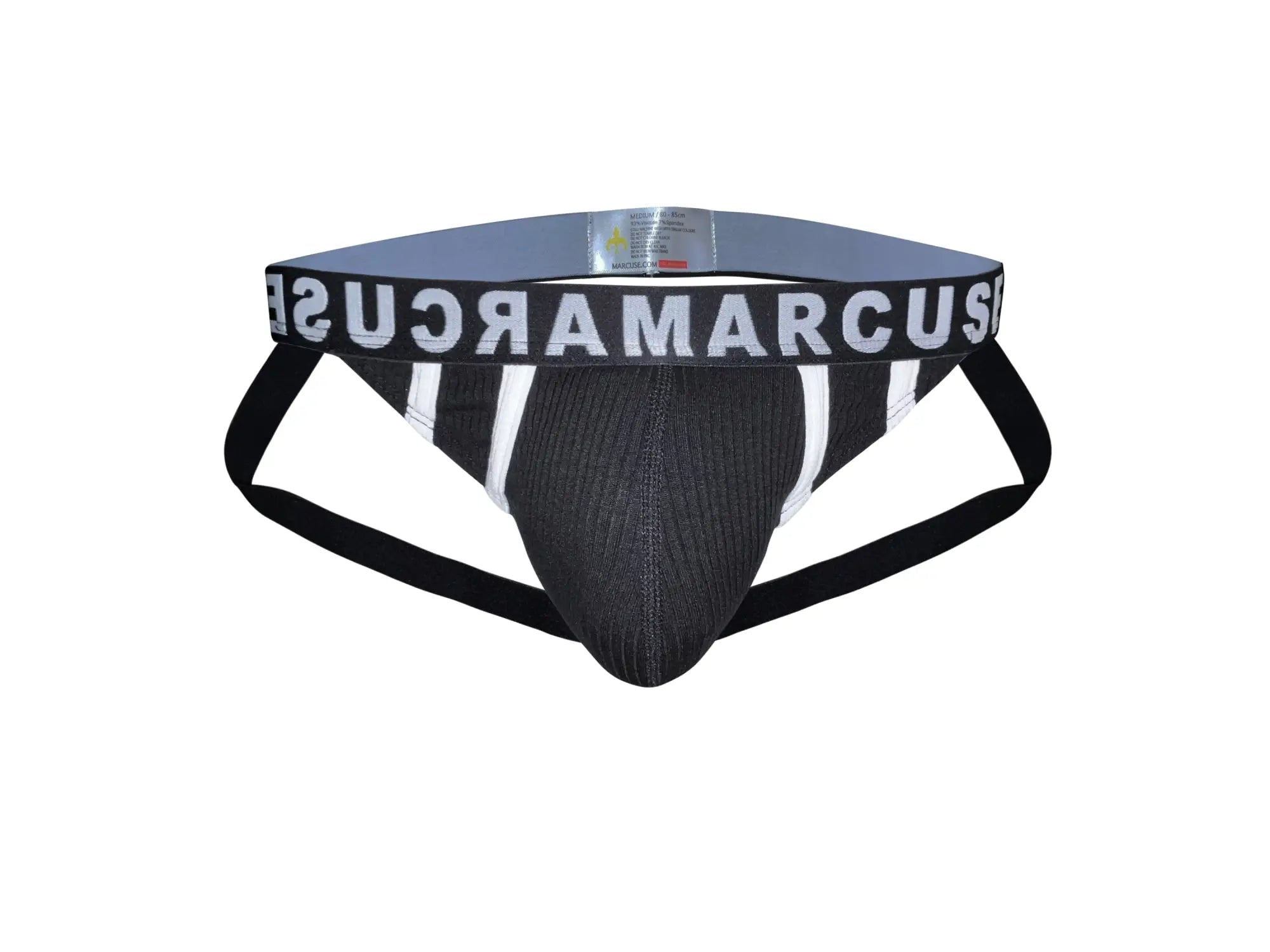 Black and white striped ribbed athletic briefs with marcus waistband from marcuse passant jock underwear