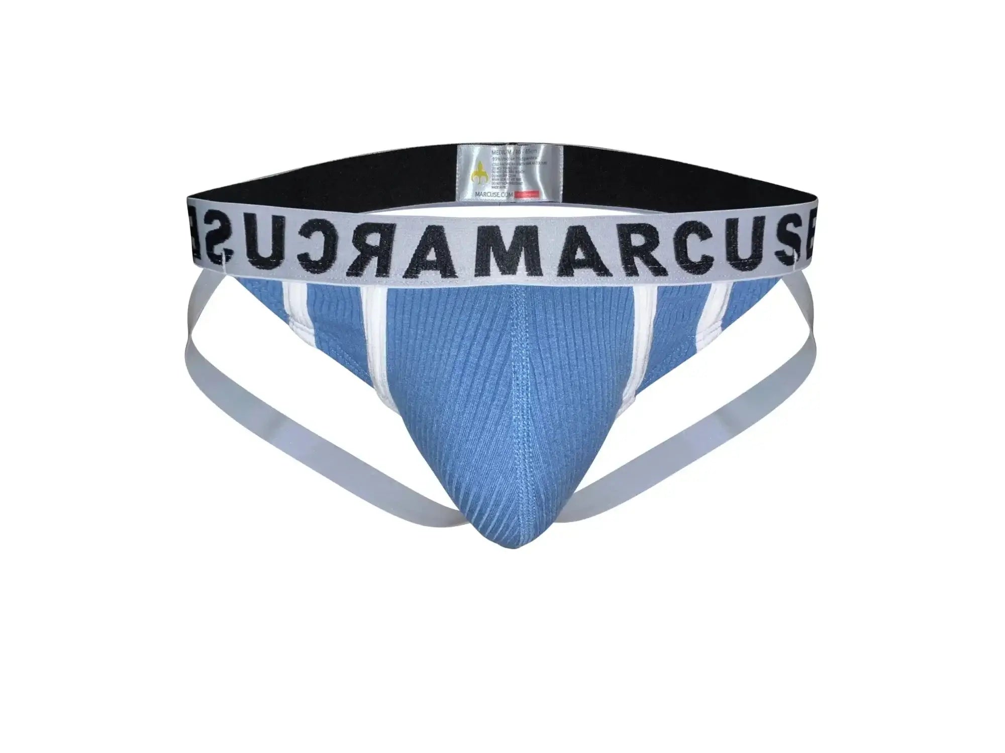 Blue and white striped marcuse passant jock underwear with black elastic waistband and bold marcus branding