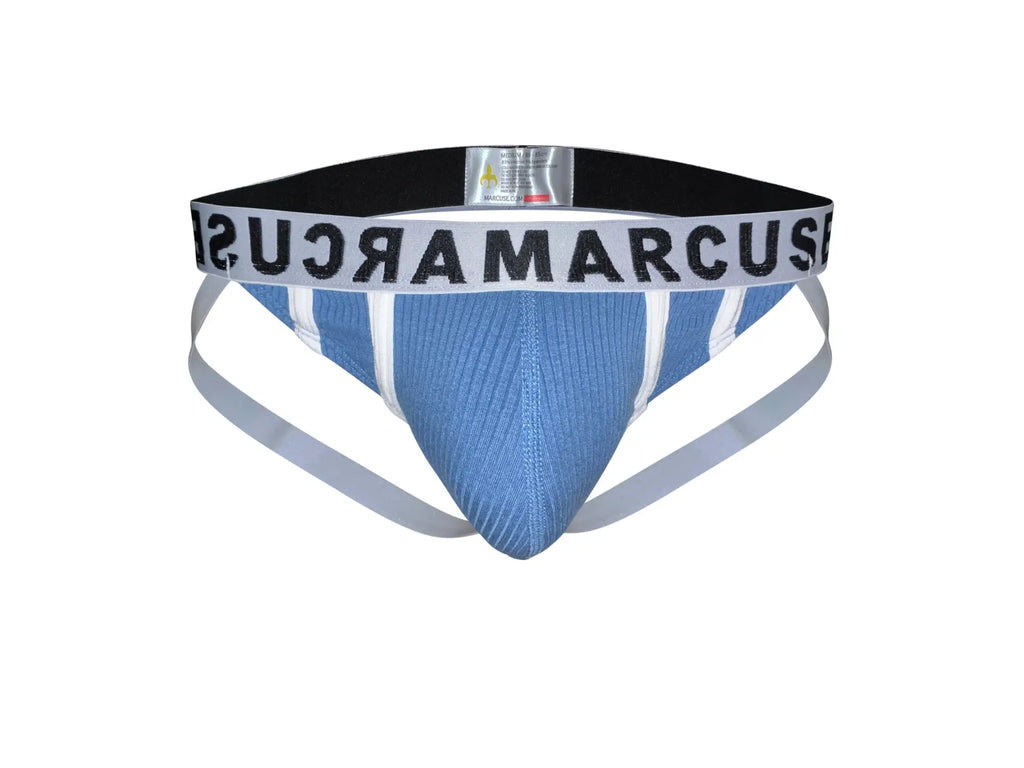 Blue and white striped marcuse passant jock underwear with black elastic waistband and bold marcus branding
