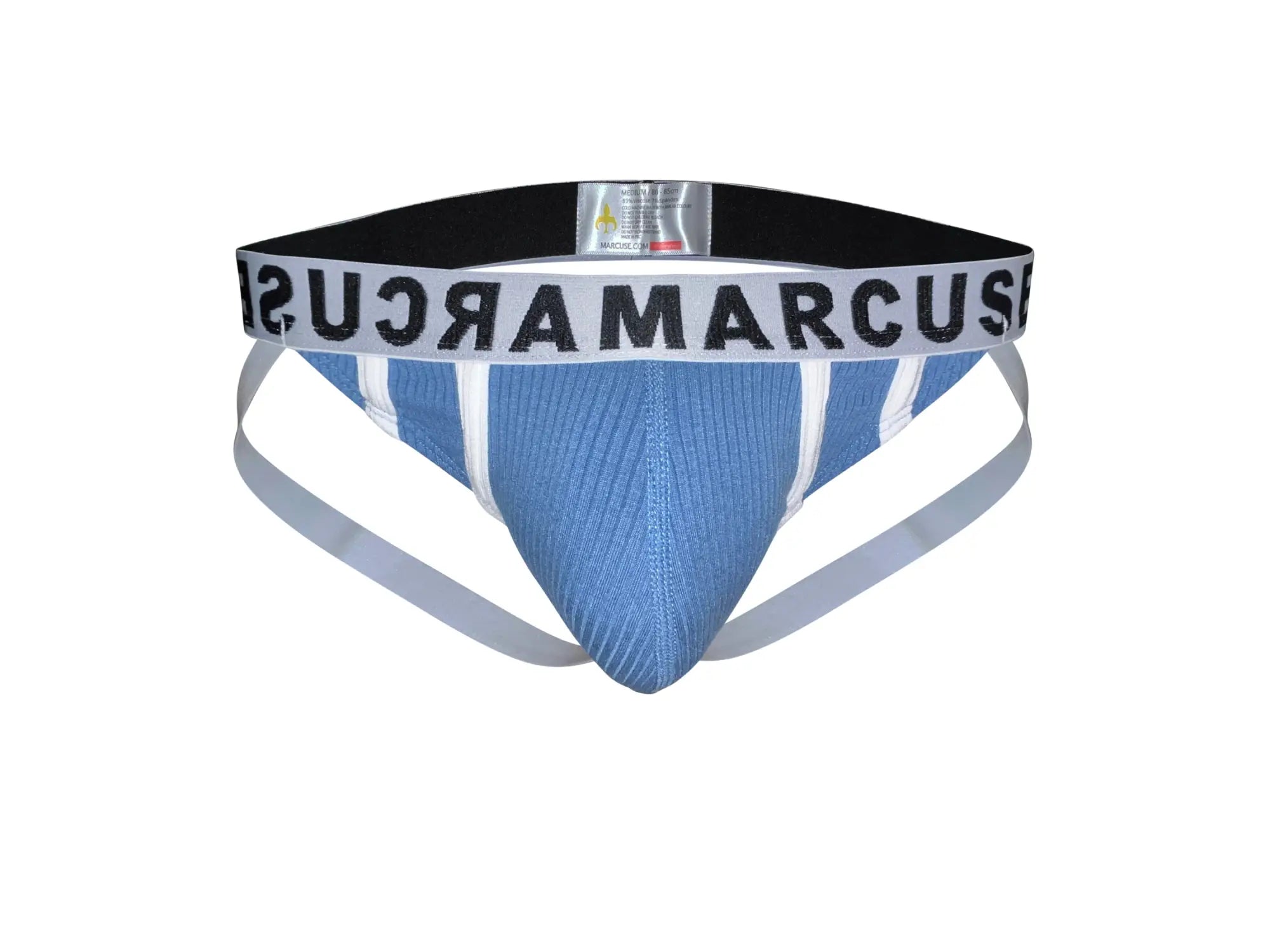 Blue and white striped marcuse passant jock underwear with black elastic waistband and bold marcus branding