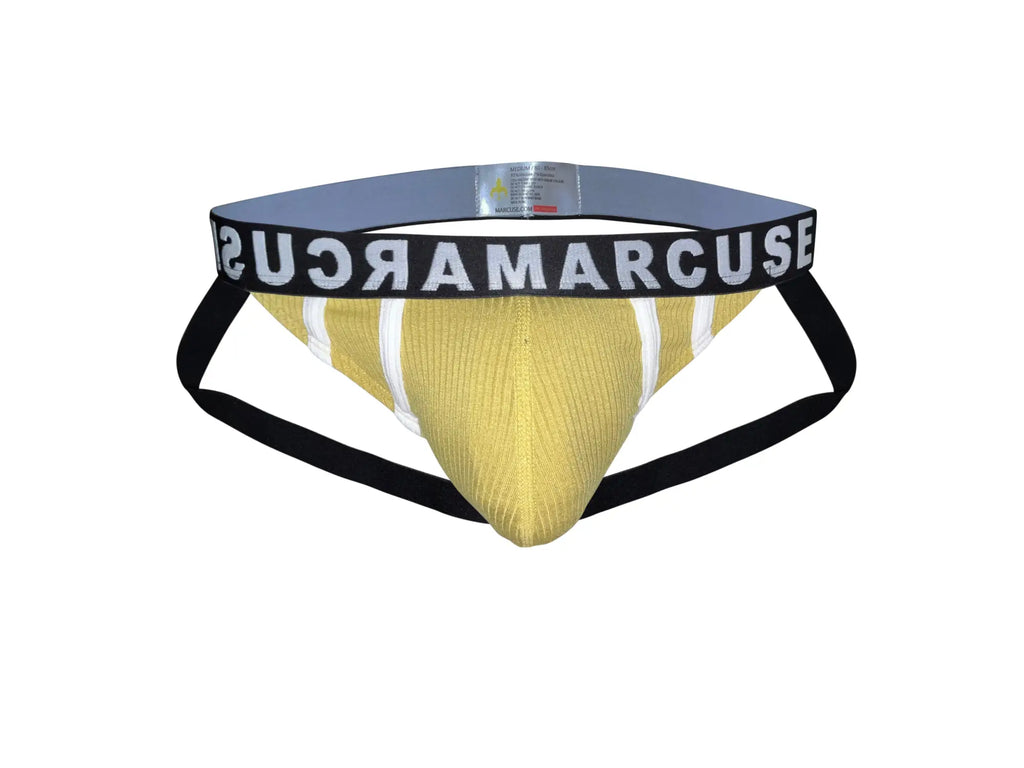 Gold-colored ribbed fabric marcuse passant jock briefs with black side straps and sucramarcuse waistband