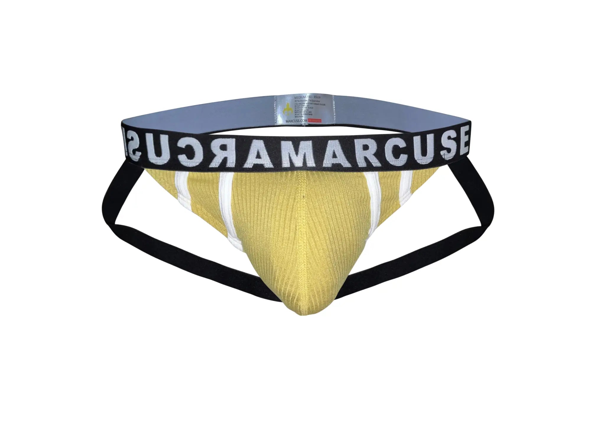 Gold-colored ribbed fabric marcuse passant jock briefs with black side straps and sucramarcuse waistband