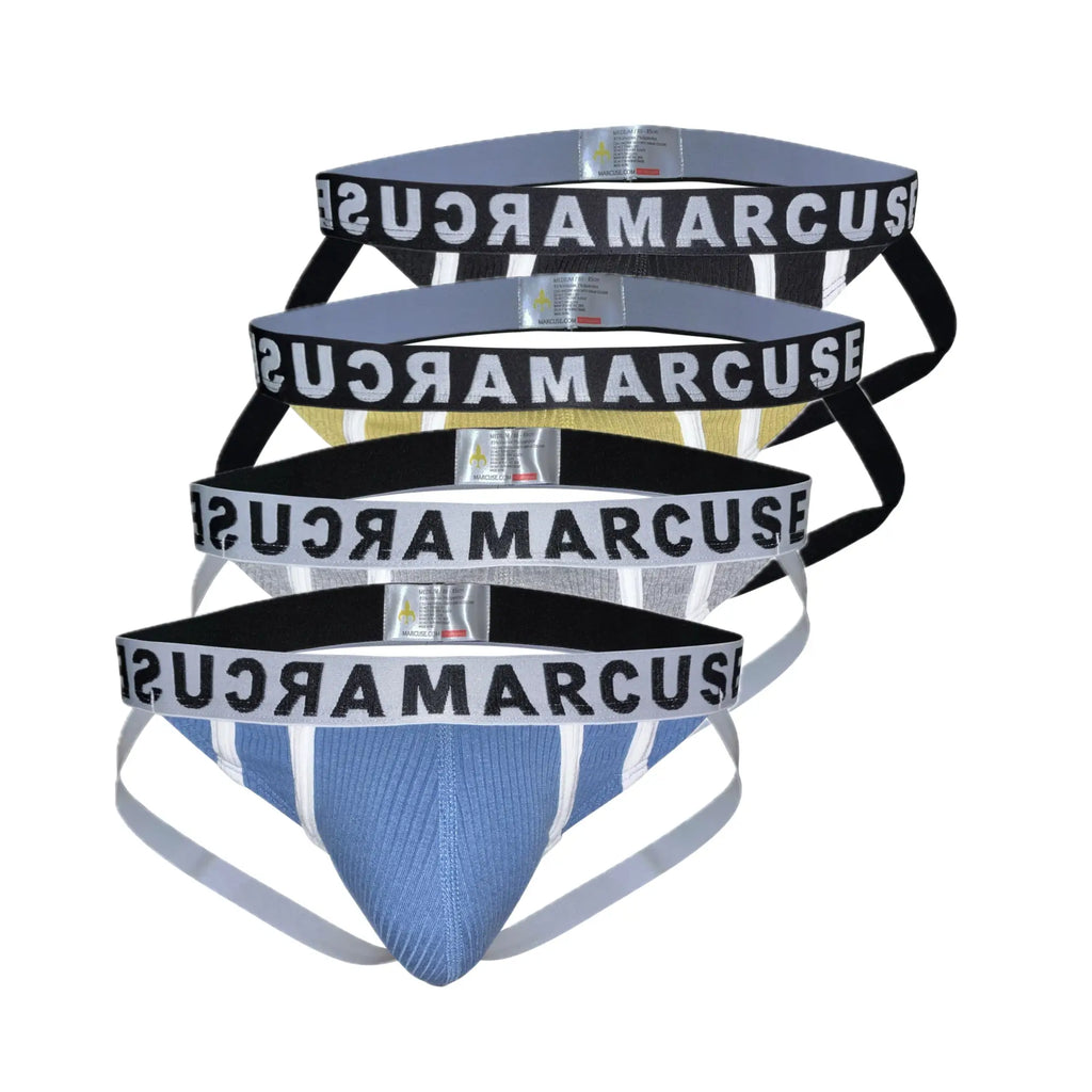 Set of four Marcuse Passant jock briefs in assorted colors featuring elastic waistbands with bold black lettering