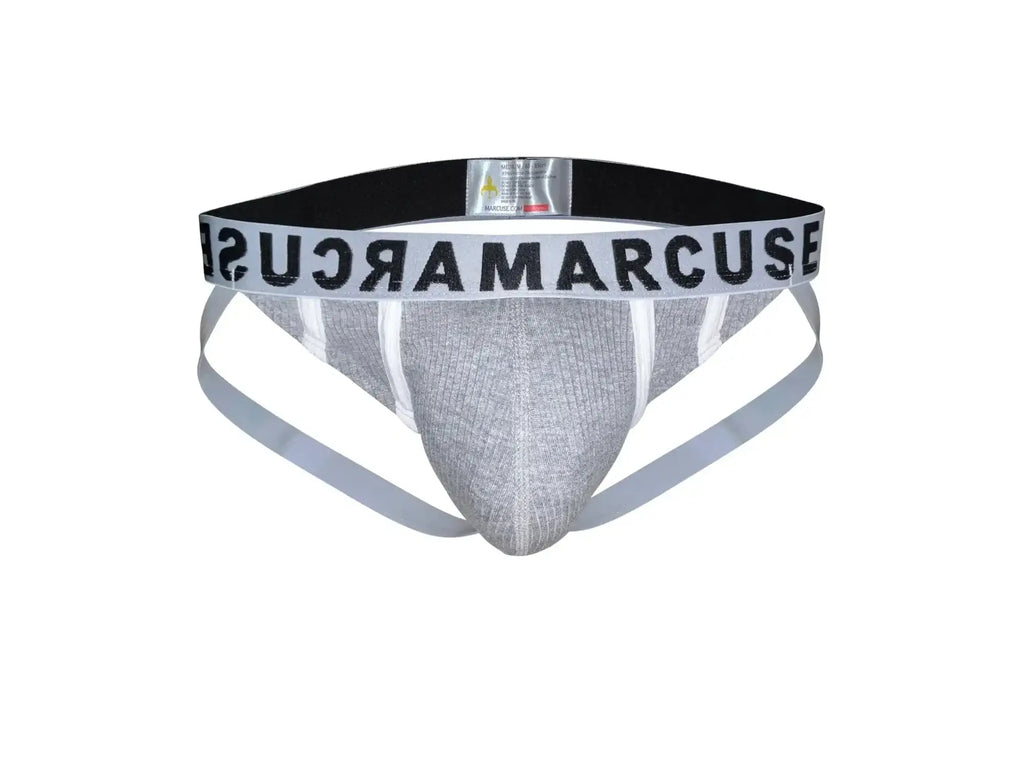 Silver textured fabric briefs with black and white branded waistband marcuse passant jock underwear front view