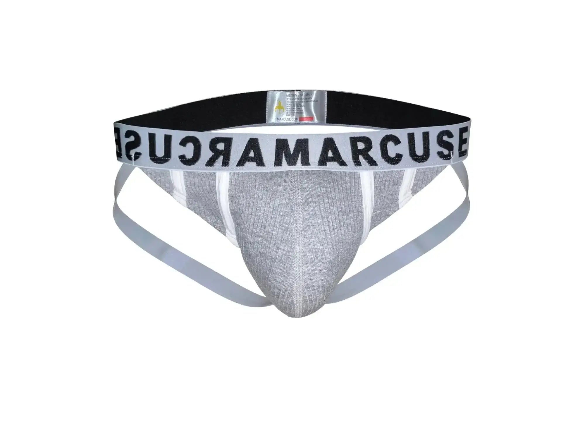 Silver textured fabric briefs with black and white branded waistband marcuse passant jock underwear front view