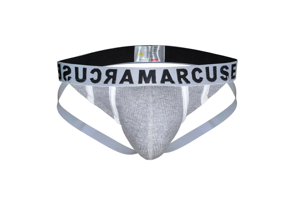 Silver textured fabric briefs with black and white branded waistband marcuse passant jock underwear front view