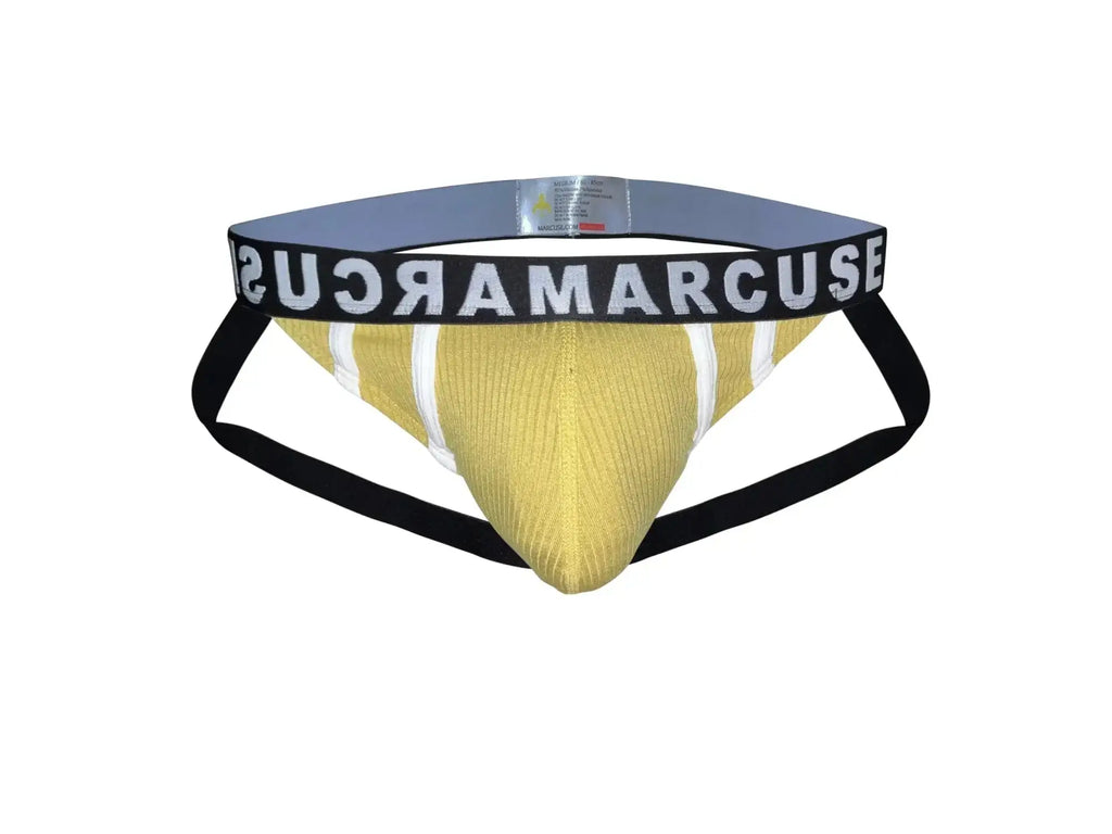 Gold-colored ribbed fabric marcuse passant jock briefs with black side straps and sucramarcuse waistband
