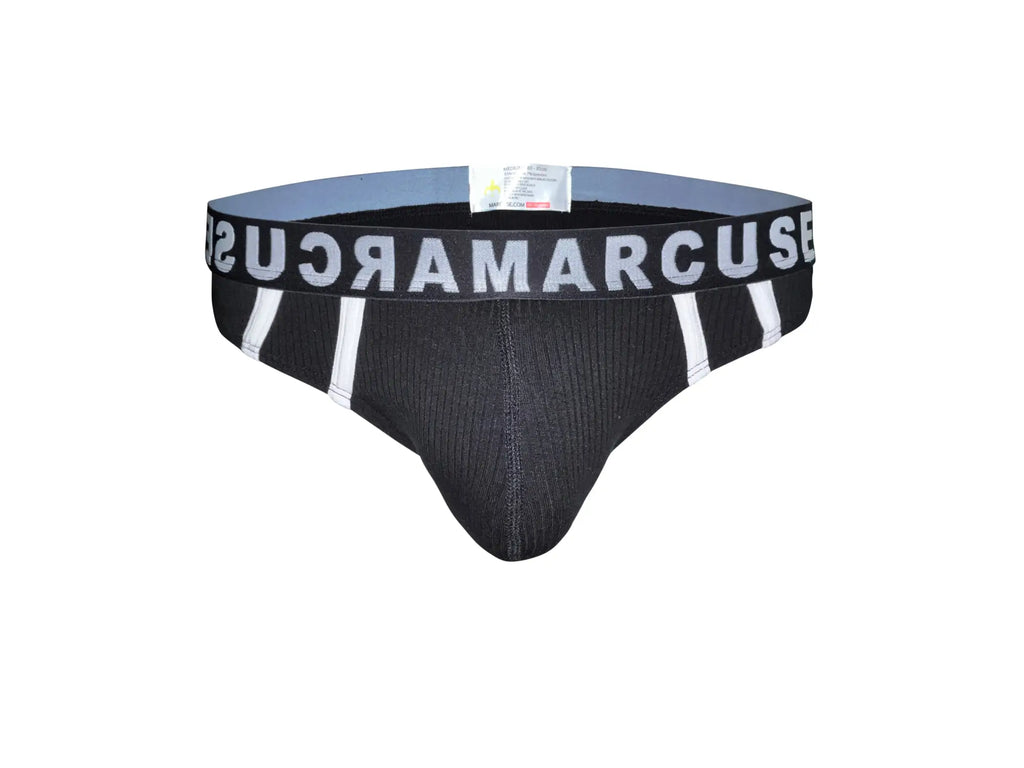 Black marcuse passant thong underwear with ribbed texture white vertical stripes and bold brand name waistband