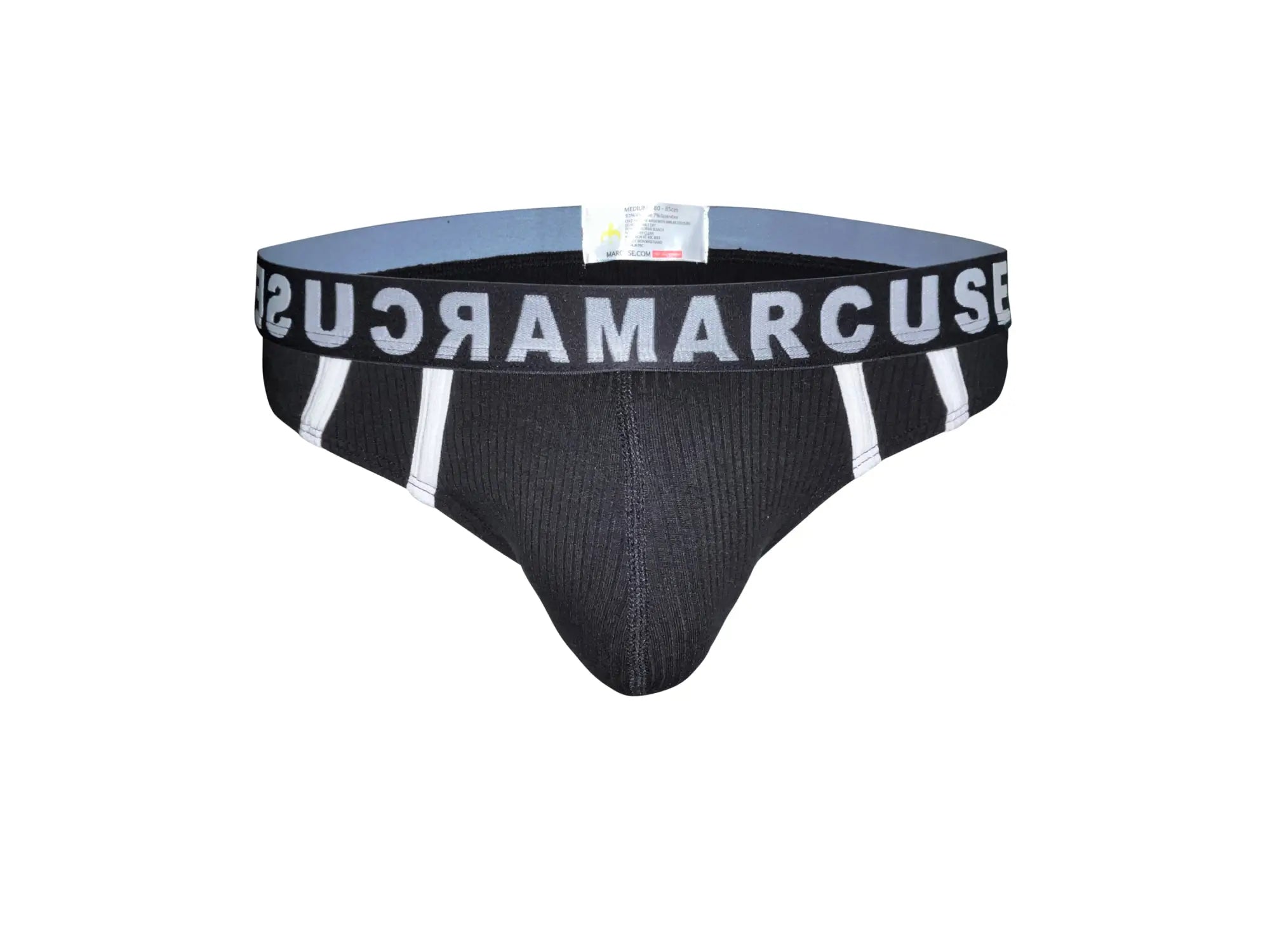 Black marcuse passant thong underwear with ribbed texture white vertical stripes and bold brand name waistband