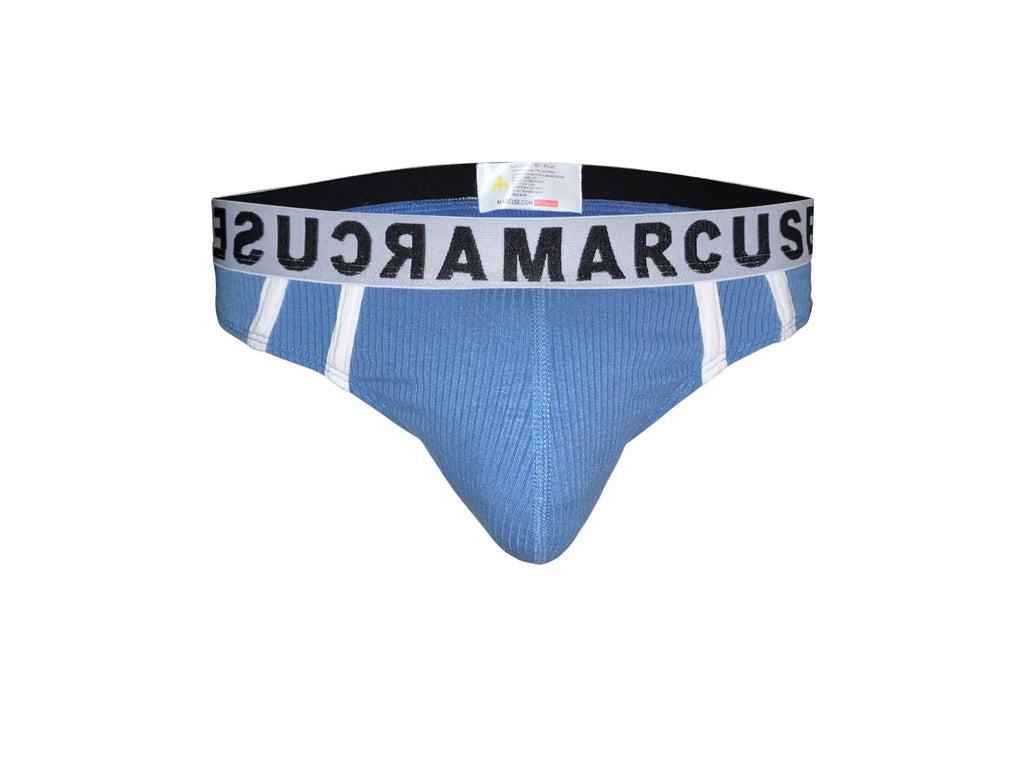 Blue ribbed marcuse passant thong underwear with white waistband and black marcus lettering for men