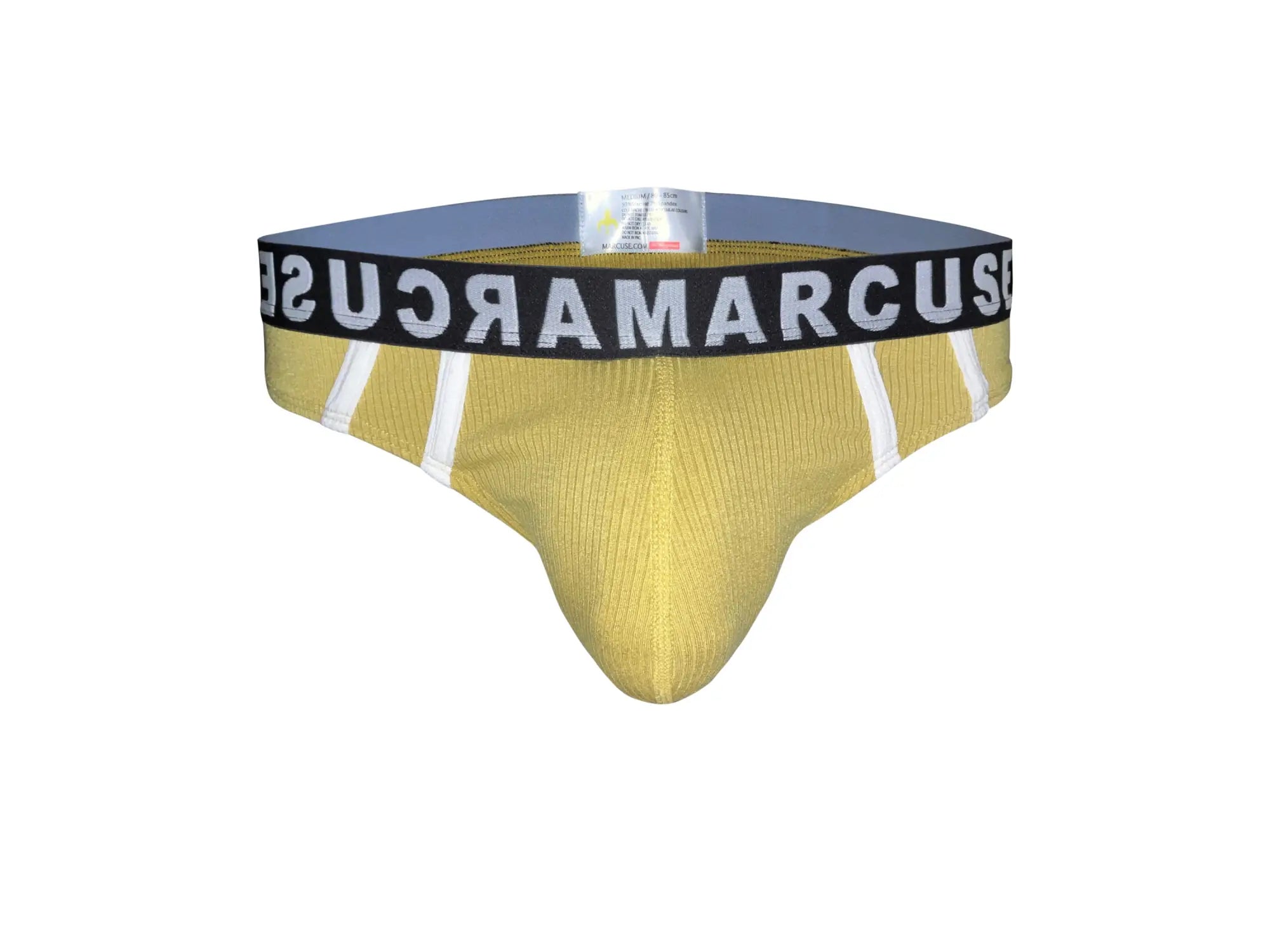 Gold-colored ribbed men’s briefs with black waistband featuring white marcuse lettering for stylish underwear wear