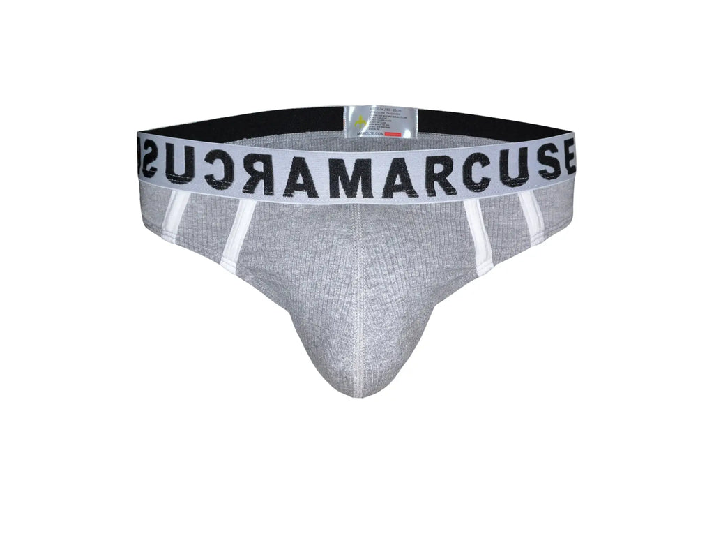 Gray textured men’s briefs with black and white marcuse branded waistband featuring bold lettering