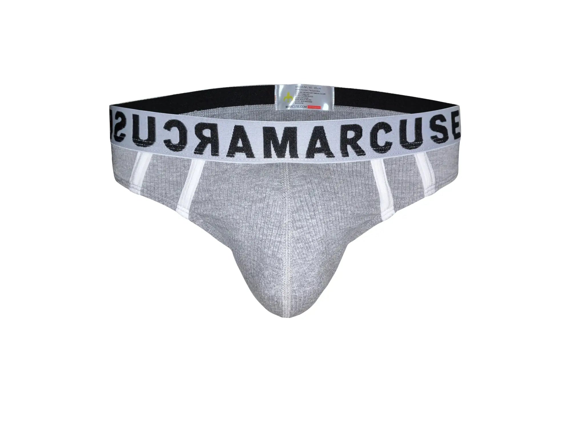 Gray textured men’s briefs with black and white marcuse branded waistband featuring bold lettering