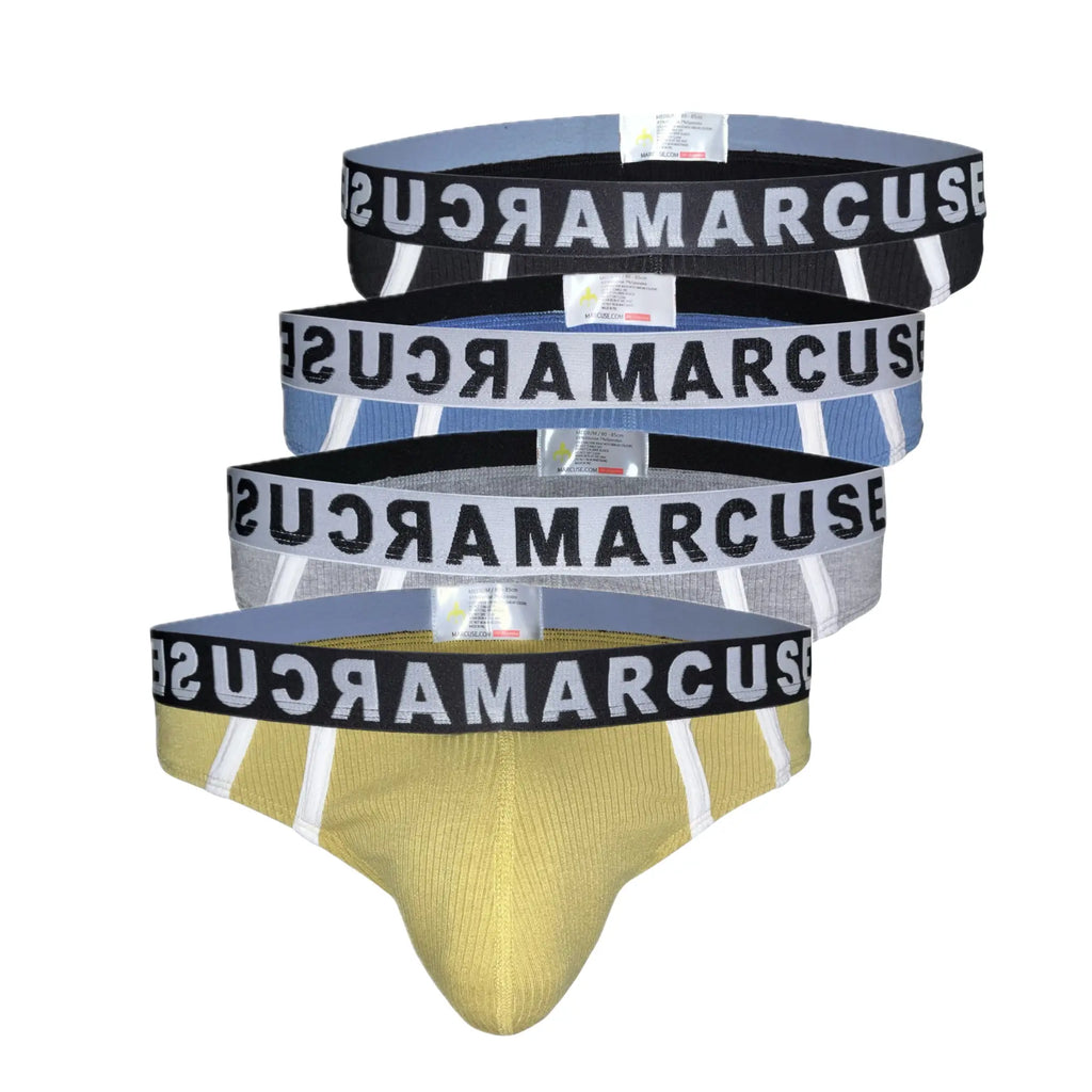 Set of four marcuse passant thong underwear briefs in yellow blue and gray with black elastic waistbands and white lettering