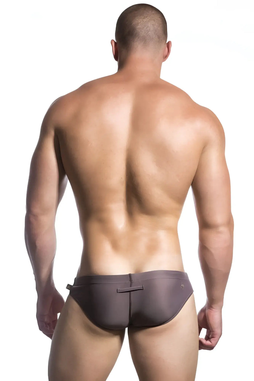 Marcuse Patrol bikini swimwear dark gray sleek form-fitting swim trunks with subtle back closure detail shown from back
